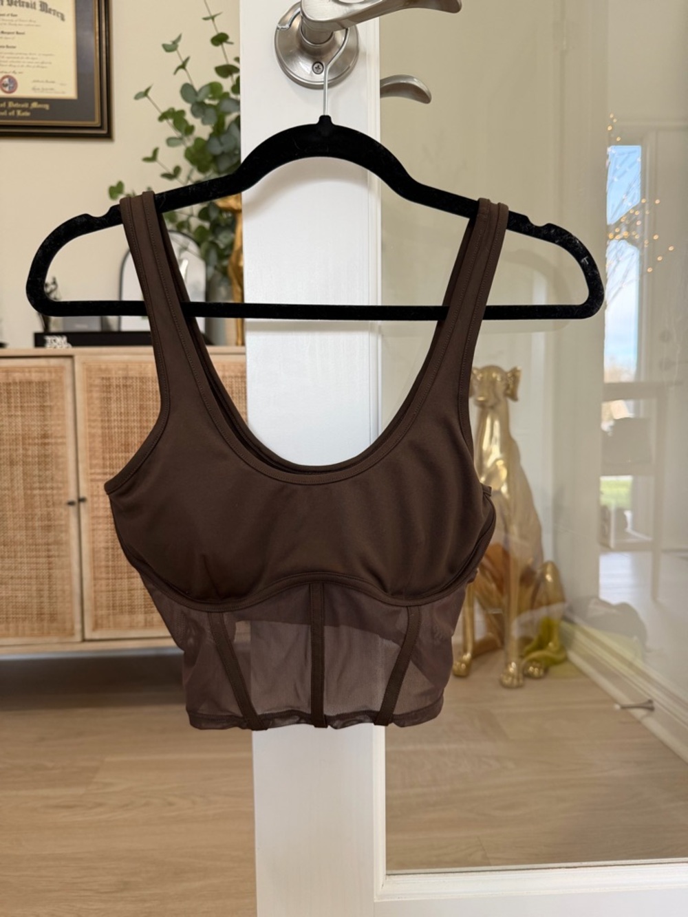 ALO Brown Corset Sheer-Band Longline Bra